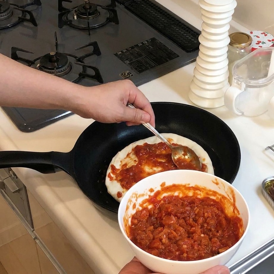 Salsa di pomodoro rosso vivo stesa sullimpasto crudo in padella con un cucchiaio di metallo.