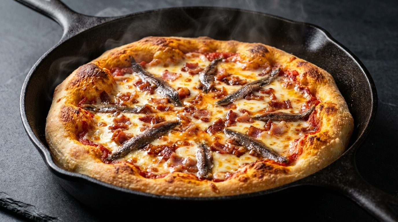 Pizza in padella croccante con acciughe e pancetta