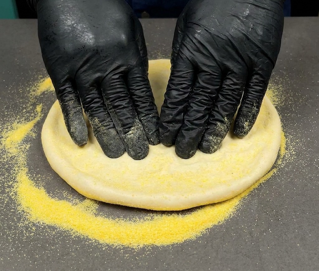 Due mani con guanti neri premono su una porzione rotonda di impasto per pizza su una superficie cosparsa di farina di mais gialla.