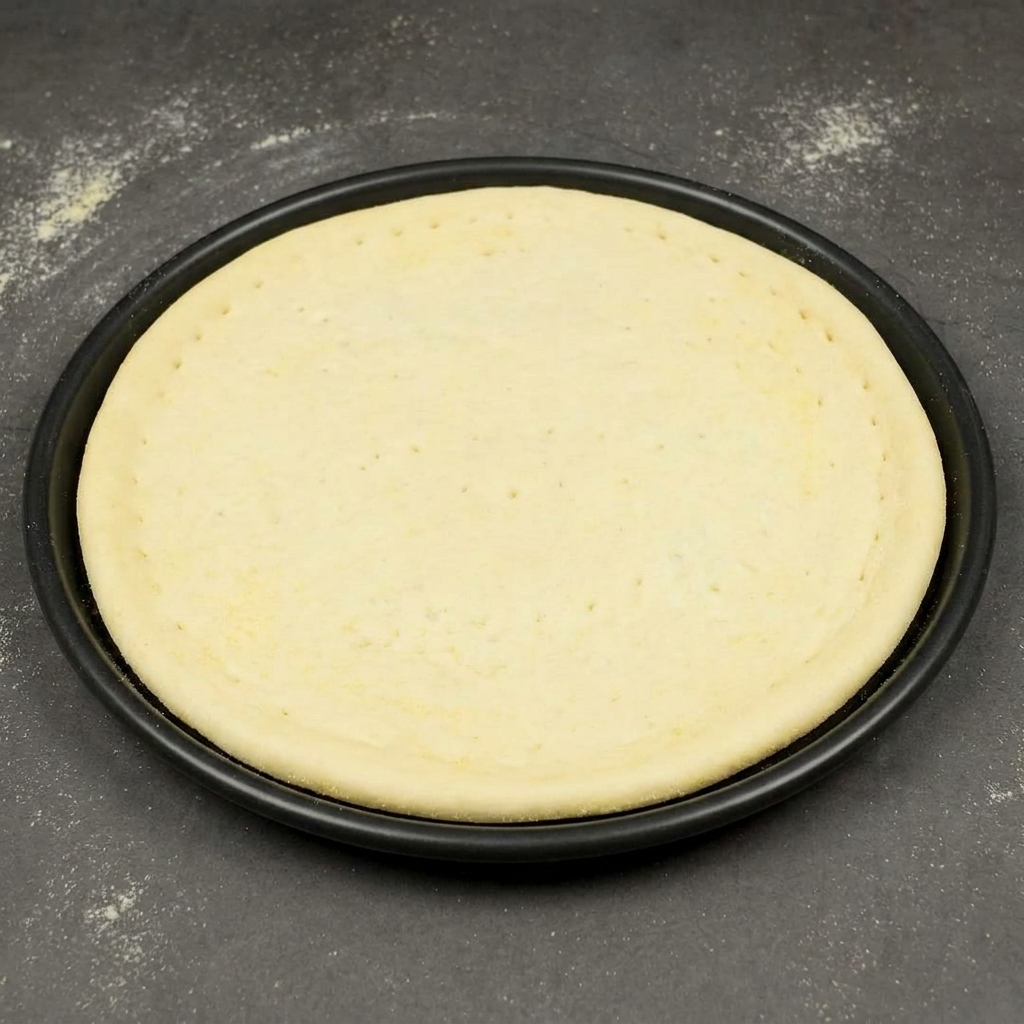 La base della pizza cruda posizionata perfettamente al centro di una teglia rotonda in metallo scuro.