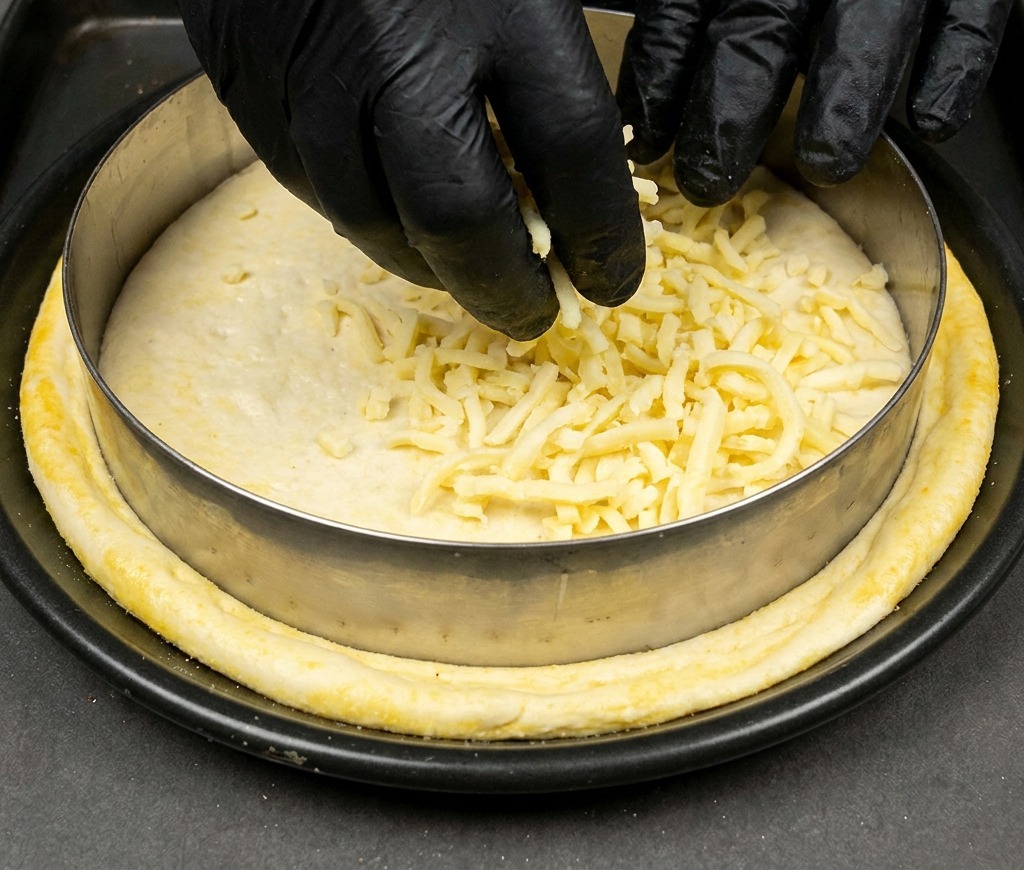 Mozzarella a julienne viene distribuita sulla superficie dellimpasto per pizza allinterno di un anello di metallo rotondo.