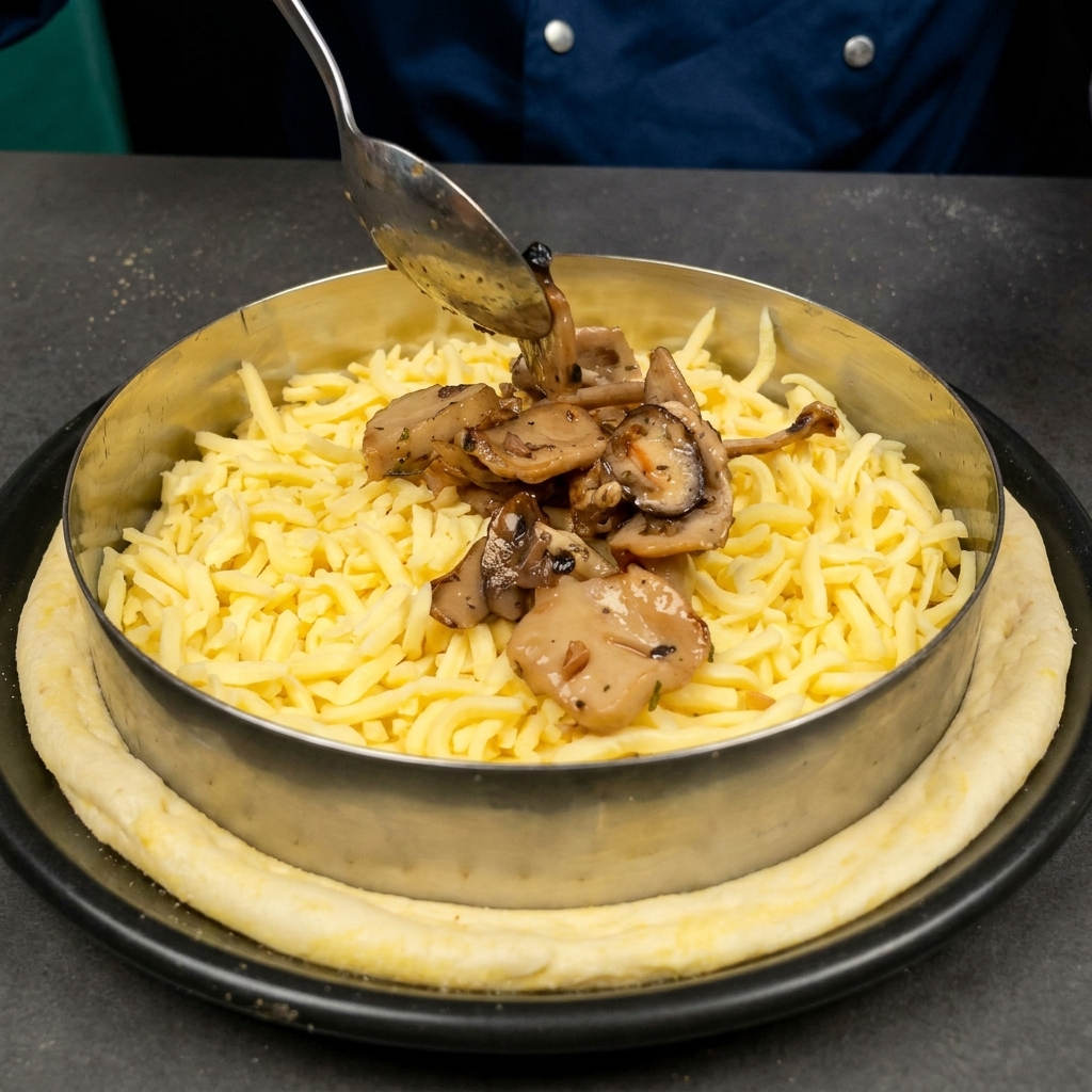 Un cucchiaio posiziona dei funghi cotti e conditi sopra il formaggio a julienne sullimpasto della pizza.