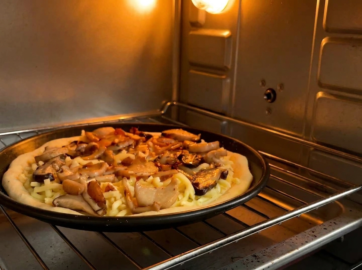 Una pizza ai funghi in cottura su una griglia allinterno di un forno, con la luce interna che illumina la scena.