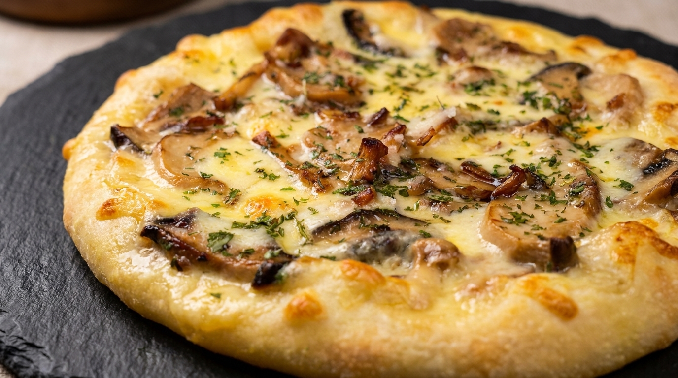 Pizza Bianca Gourmet ai Funghi con Aglio ed Erbe Fresche