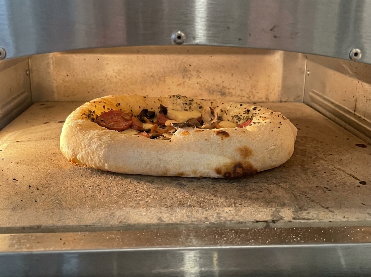 Pizza in cottura allinterno del forno con il cornicione gonfio e dorato e il formaggio fuso che bolle.