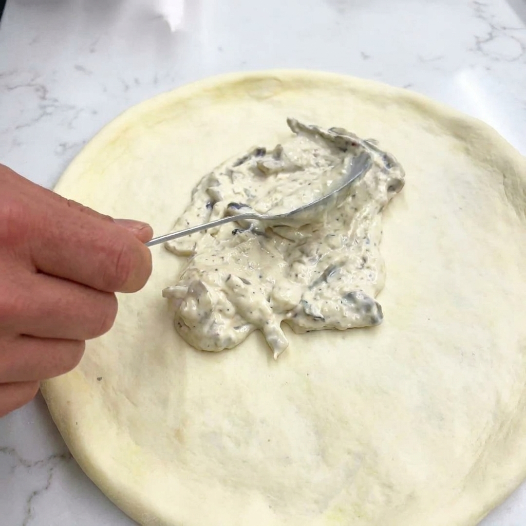 Un cucchiaio dacciaio che stende una crema bianca ai funghi sulla base della pizza cruda.