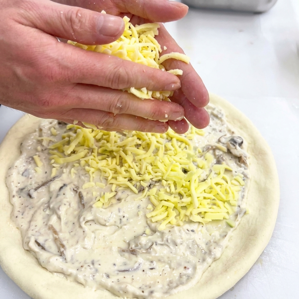Mani che cospargono mozzarella grattugiata sulla base della pizza già condita con la salsa.