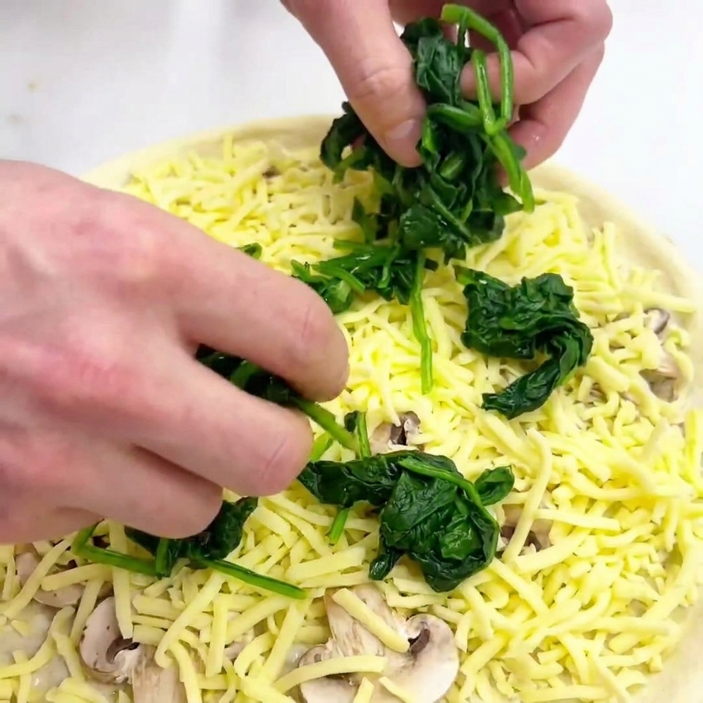 Mani che posizionano foglie di spinaci cotti su una pizza guarnita con formaggio.