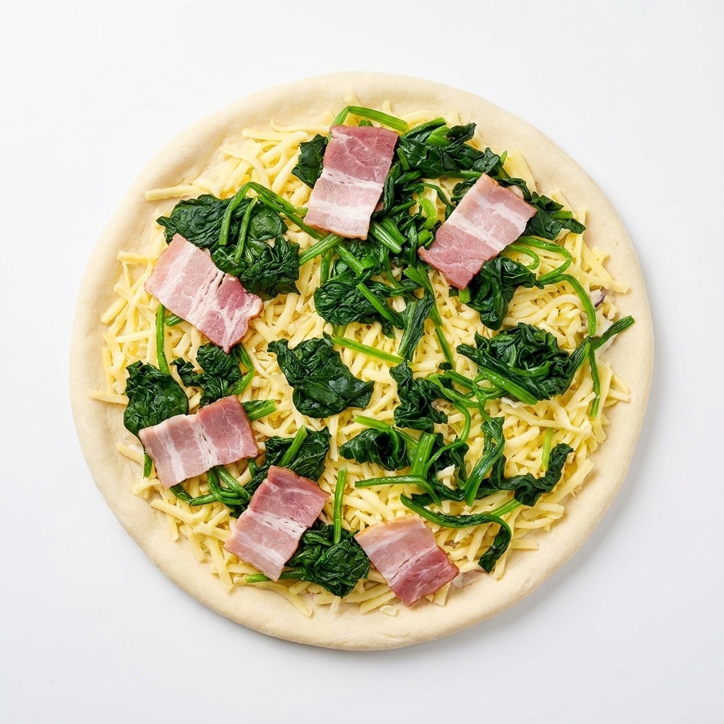 Vista dallalto di una pizza cruda condita con salsa bianca, mozzarella, spinaci e fette di pancetta.