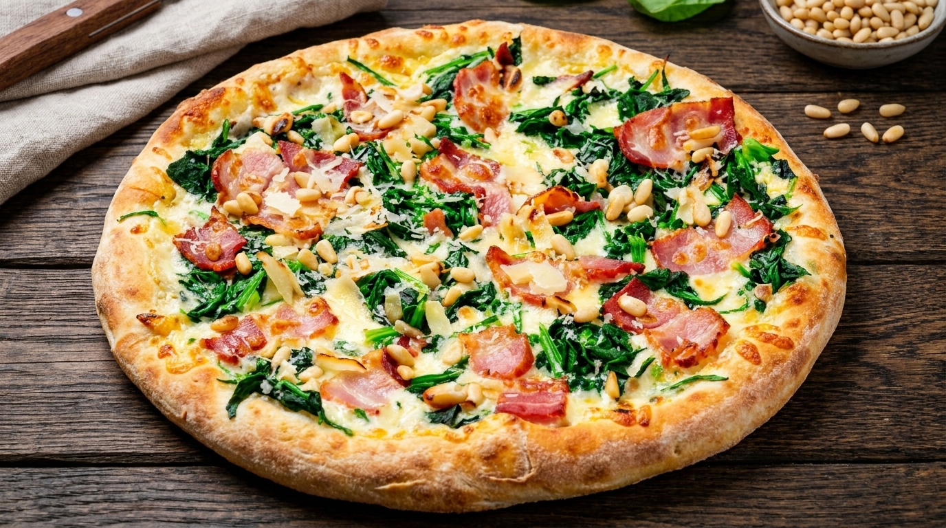 Pizza Bianca Cremosa con Spinaci, Pancetta e Salsa ai Funghi