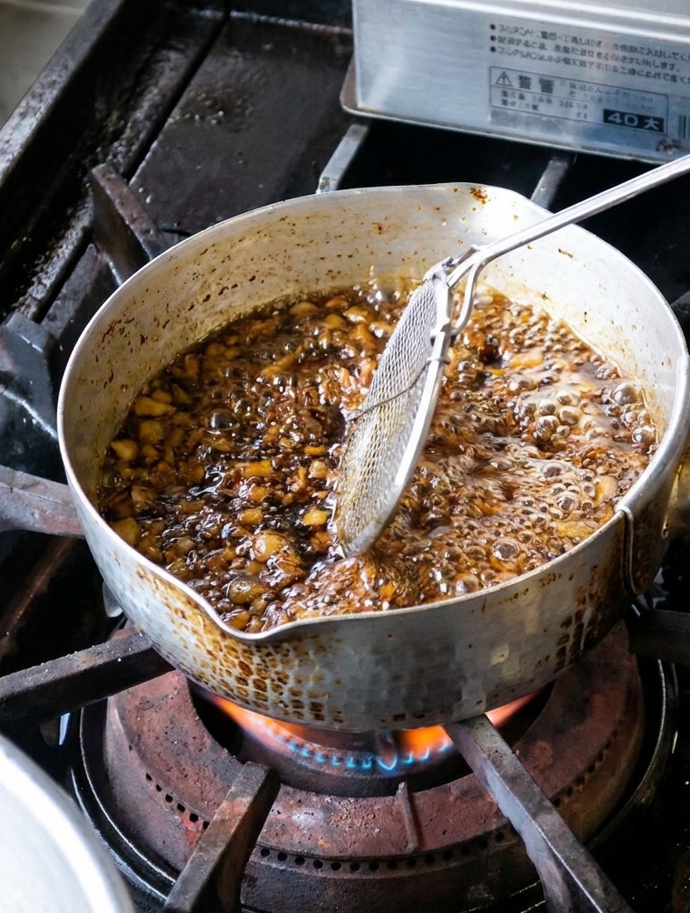 Lultima porzione di fettine daglio fritte fino a un colore nero profondo in un pentolino di olio bollente, rimosse con un colino.
