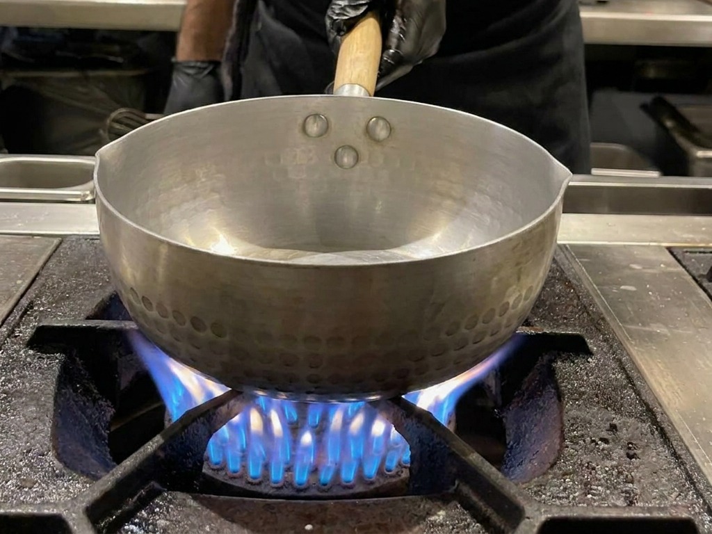 Una pentola in acciaio inossidabile con manico in legno su un fornello a gas, contenente brodo di ossa di maiale bianco latte.