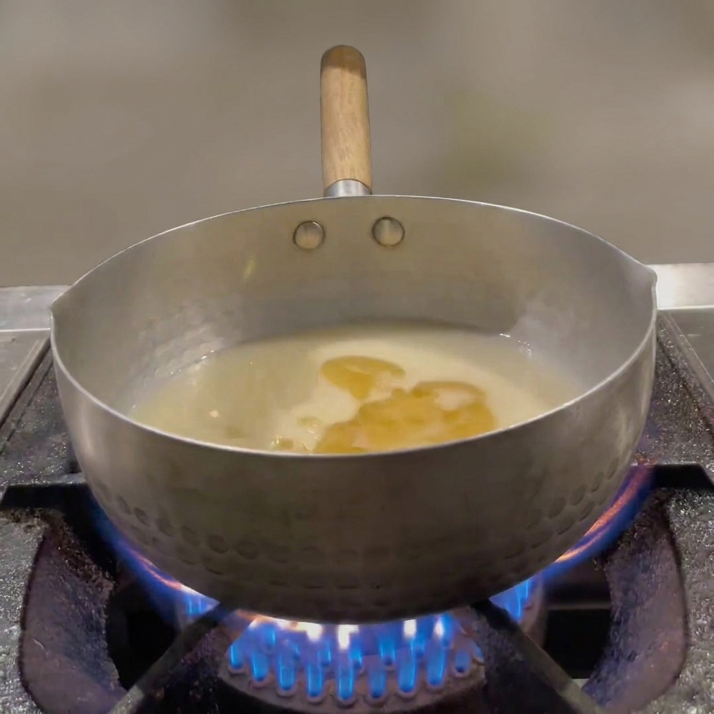 Un cuoco versa un liquido bianco denso da un contenitore di plastica in una pentola con salsa chiara che bolle.
