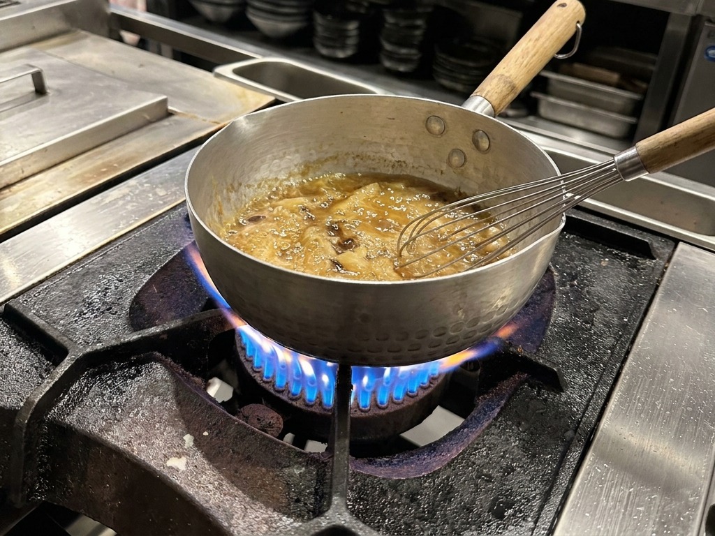 Una frusta di metallo mescola una salsa scura allaglio nero che bolle in una pentola su fiamma azzurra.