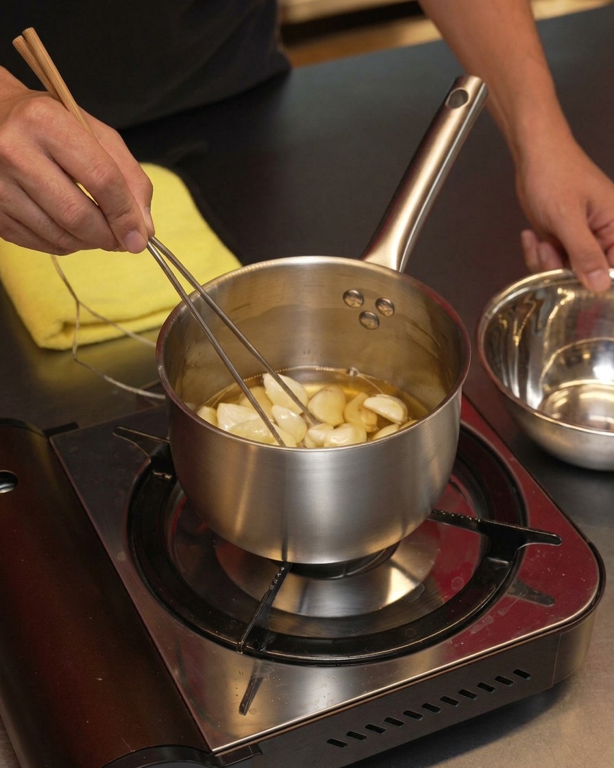 Spicchi daglio sbucciati mescolati con bacchette in un pentolino con olio bollente.