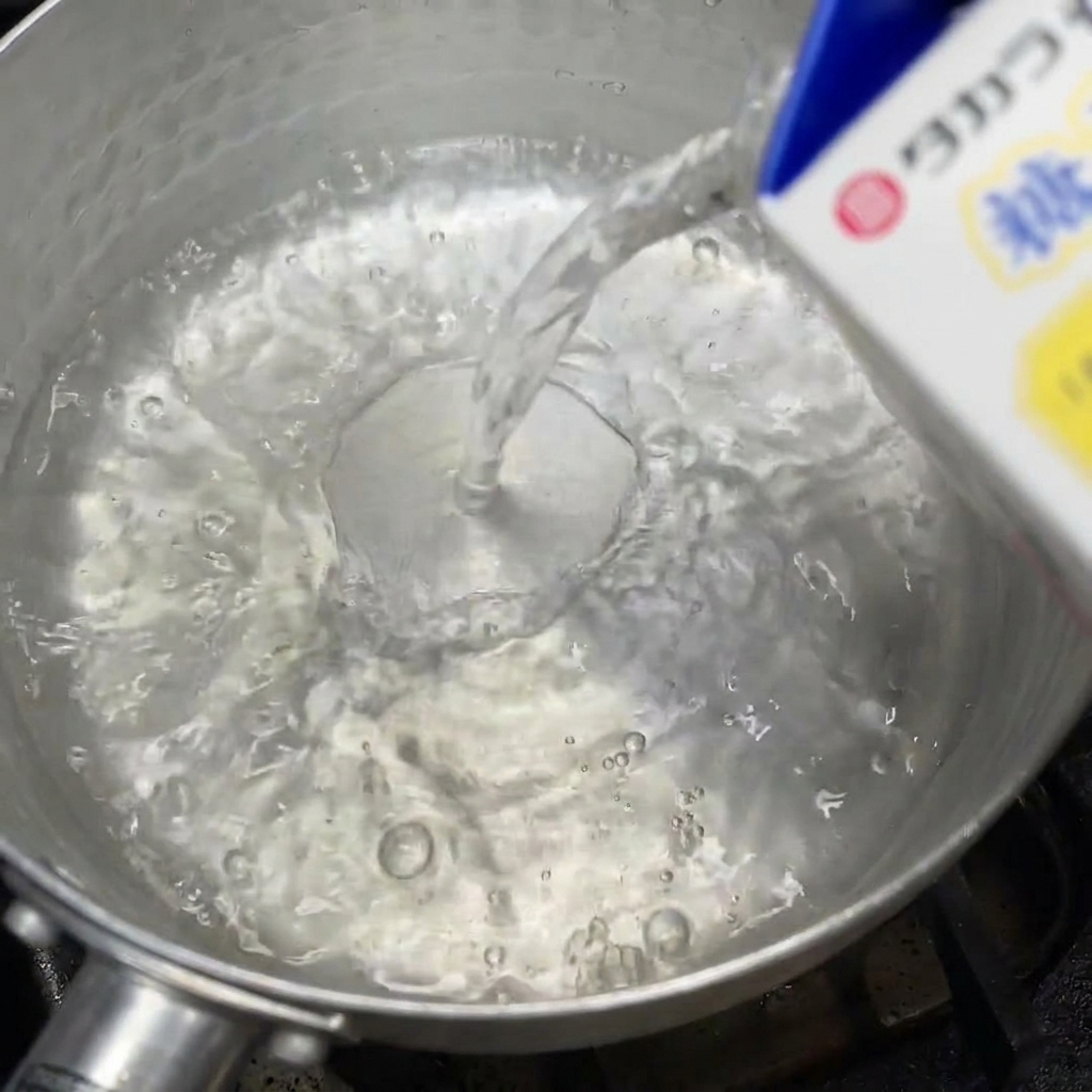 Sake versato in un pentolino con salsa di soia chiara sul fuoco.