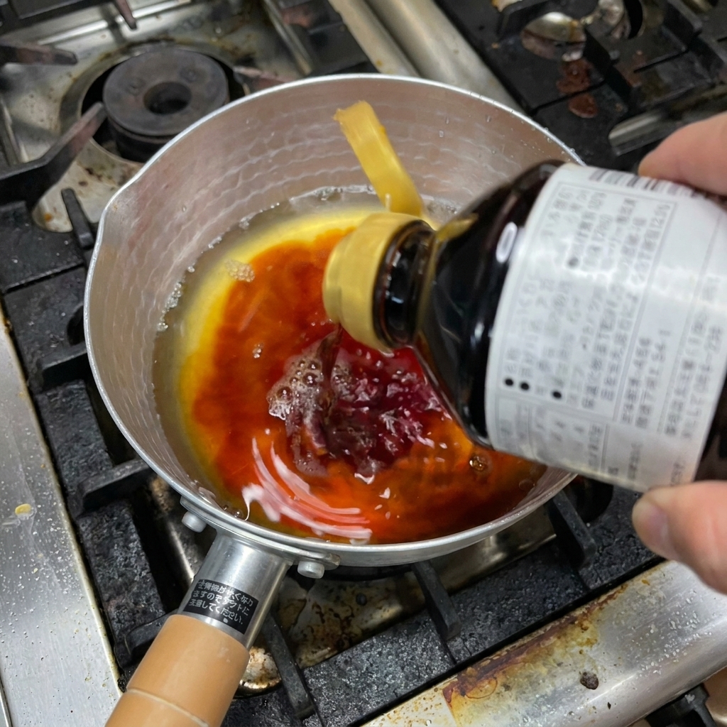 Salsa di soia scura aggiunta ai liquidi chiari nel pentolino.