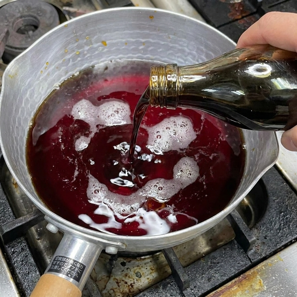 Zucchero e fiocchi di katsuobushi aggiunti alla salsa scura in cottura.