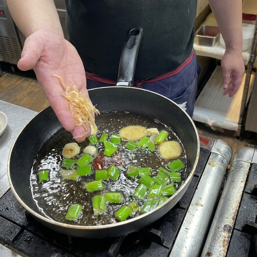 Gamberetti essiccati spolverati sopra gli aromi sfrigolanti in padella.