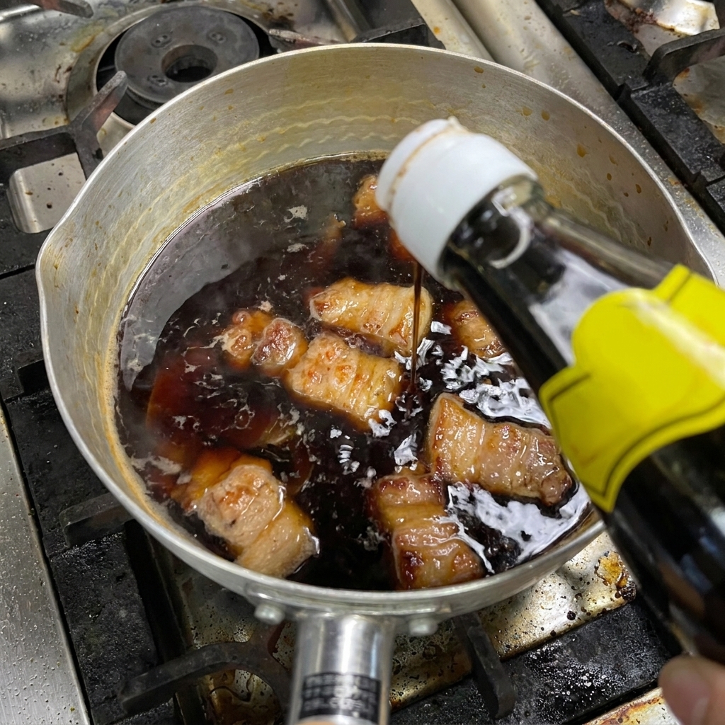 Aceto nero versato nella pentola con la pancetta in brasatura.