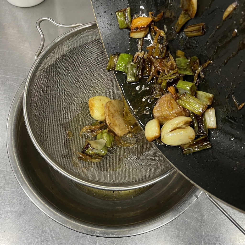Olio dorato versato in una ciotola attraverso un colino.