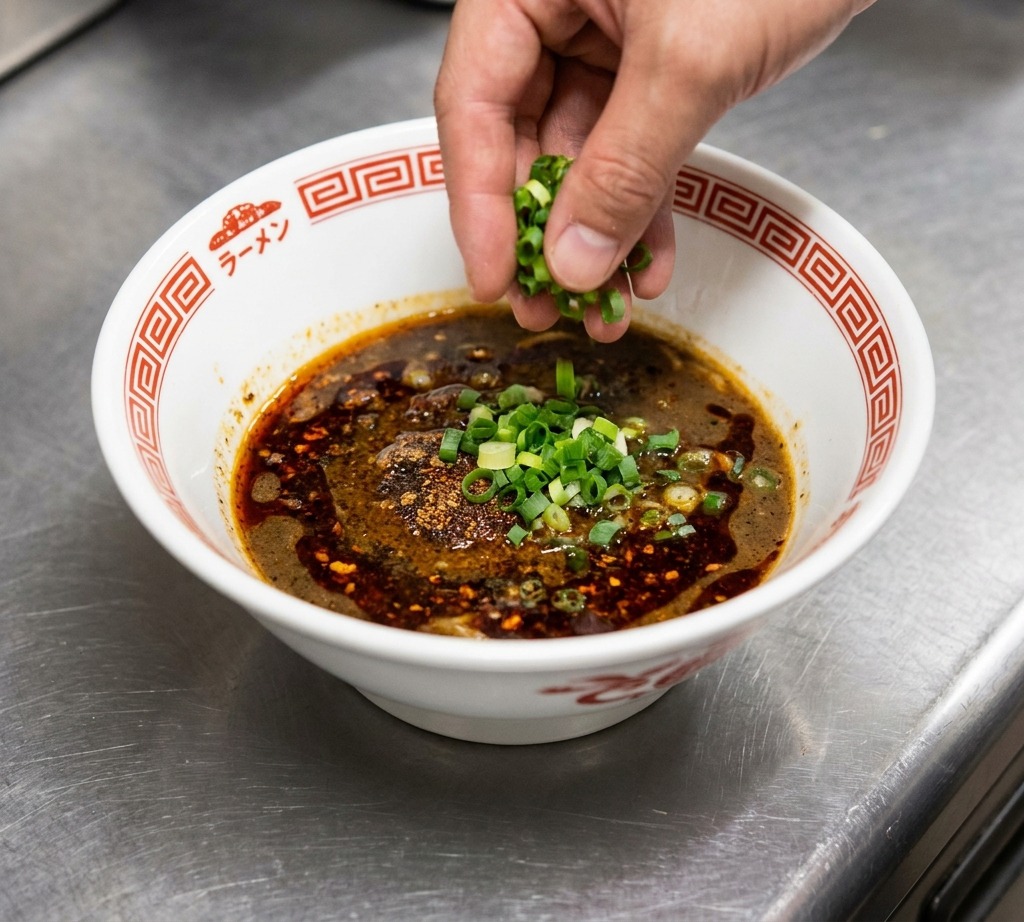 Brodo di pollo dorato e limpido versato da un mestolo in una ciotola, mescolandosi alla tare per creare una zuppa marrone intensa.