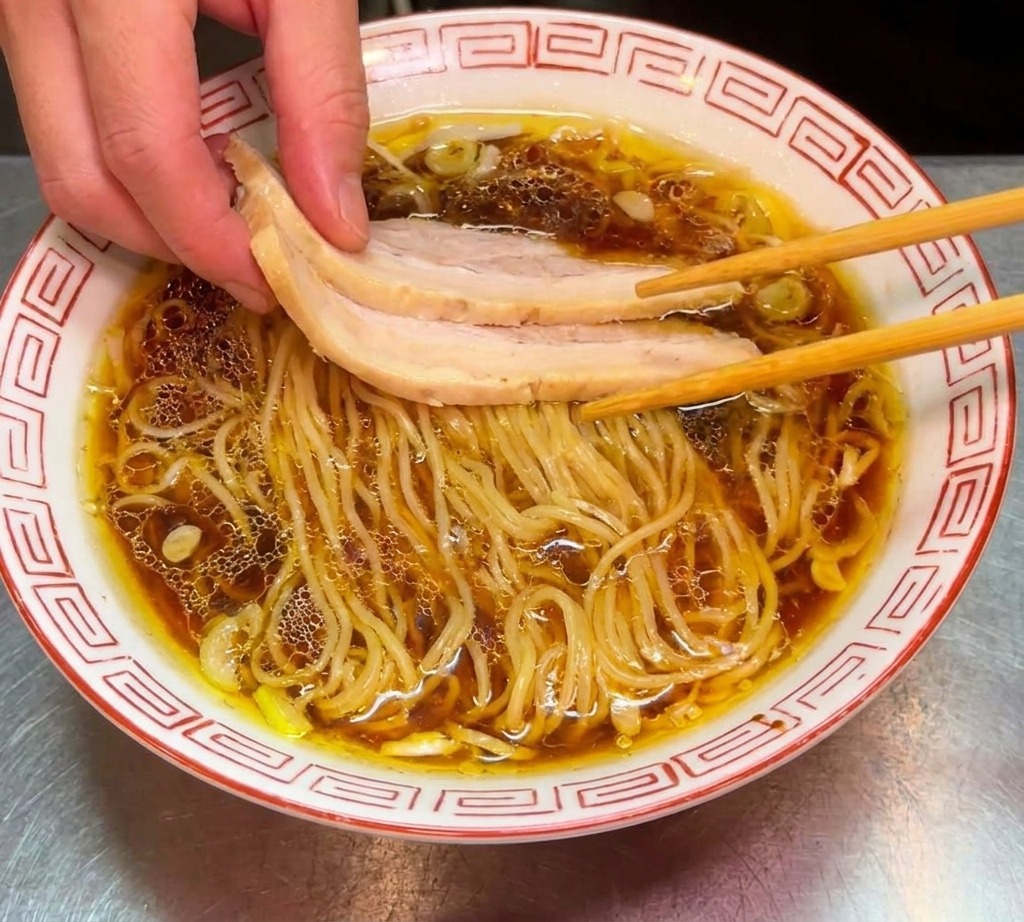 Ciotola di ramen con noodle, brodo e chashu a cui viene aggiunto un mucchietto di spinaci verdi brillanti sul lato sinistro.
