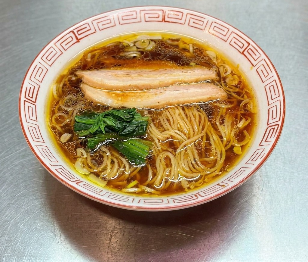 Ciotola di shoyu ramen quasi completata mentre vengono aggiunti germogli di bambù e altre guarnizioni.