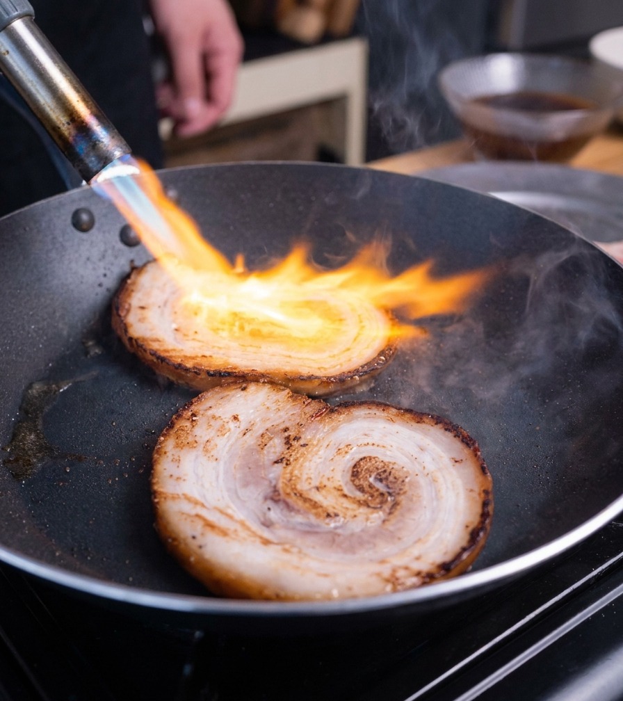 Un cannello da cucina che scotta la superficie di fette spesse di chashu in una padella nera.