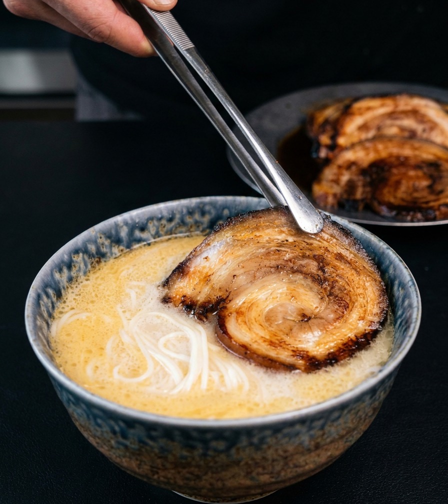 Pinze in metallo che adagiano una fetta di maiale caramellata in una ciotola di ramen cremoso.