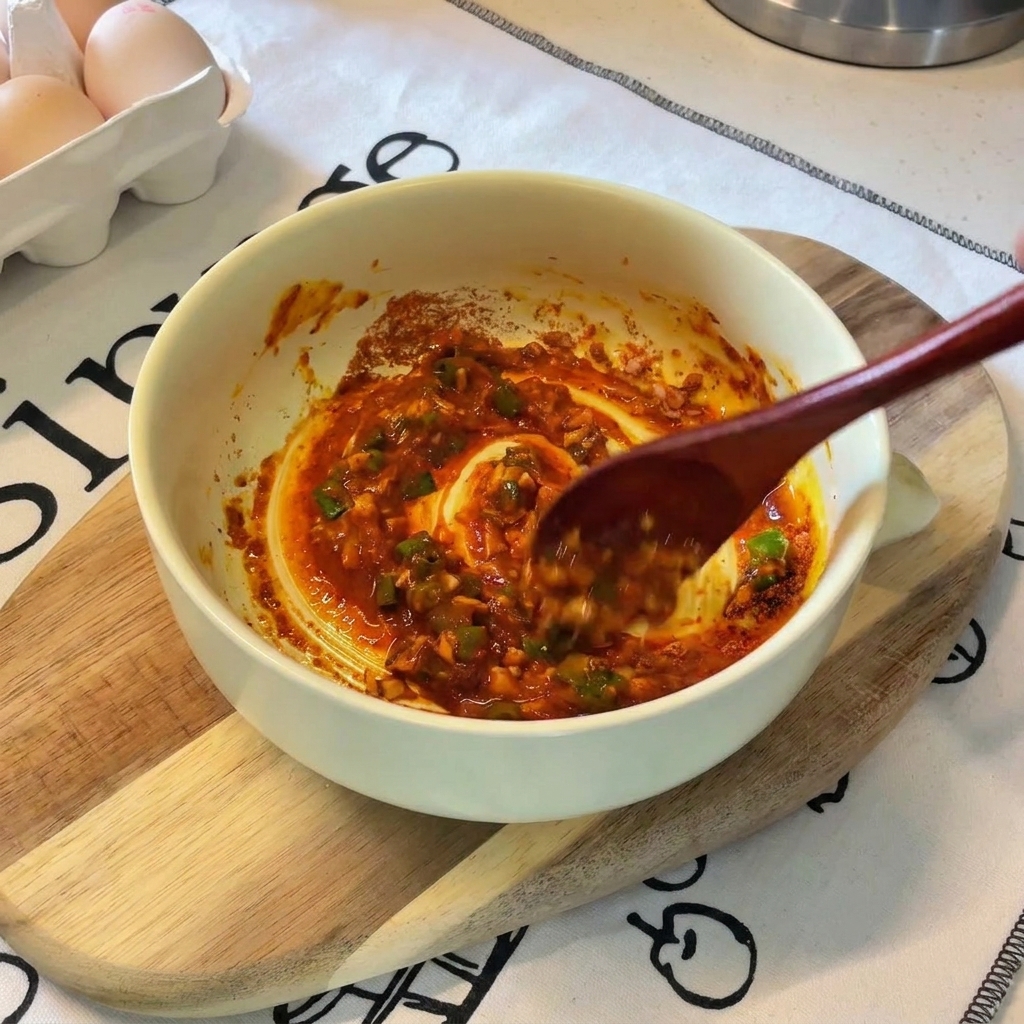 Un cucchiaio di legno che mescola una salsa densa arancione con cipollotti allinterno di una ciotola gialla.