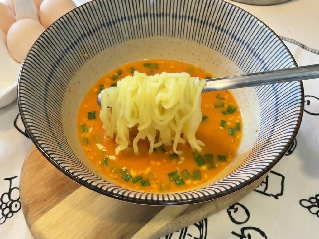 Noodle gialli sollevati con bacchette di metallo allinterno di una ciotola di zuppa cremosa arancione.