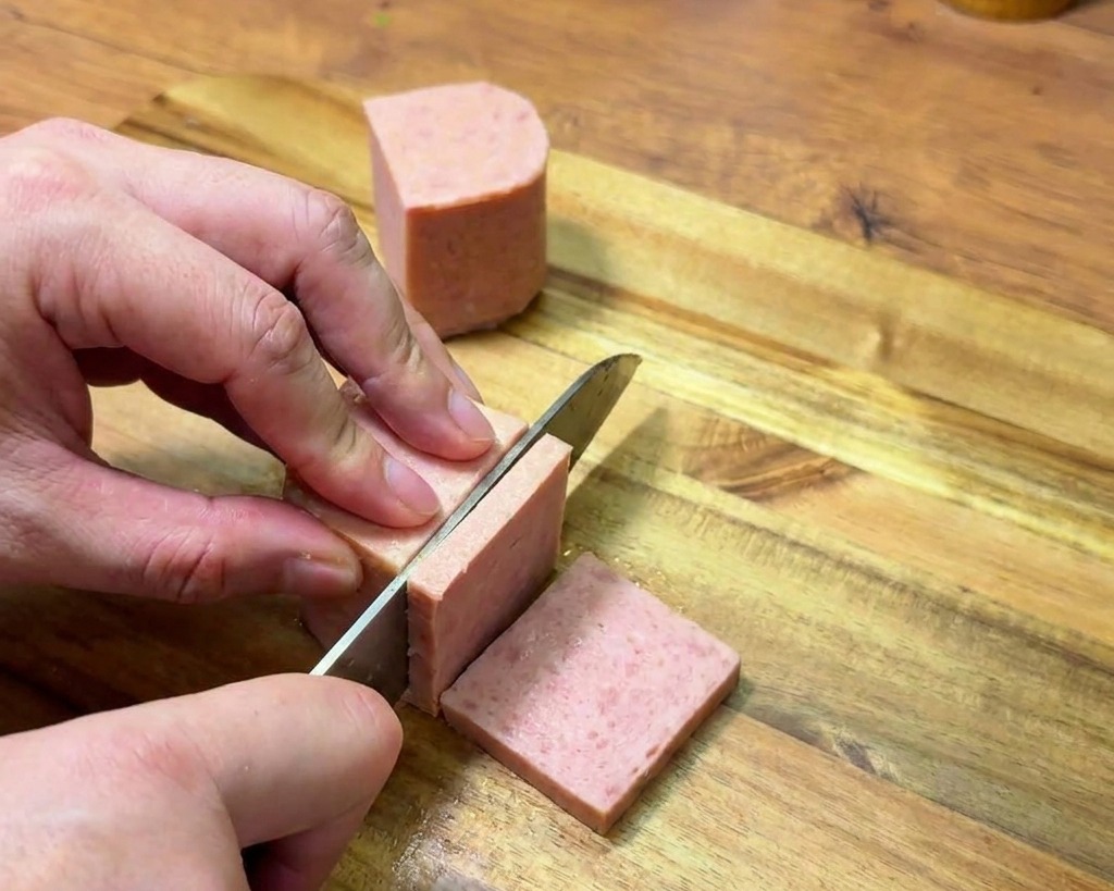 Una persona usa un coltello da cucina per tagliare un blocco di carne in scatola in fette spesse su un tagliere di legno.