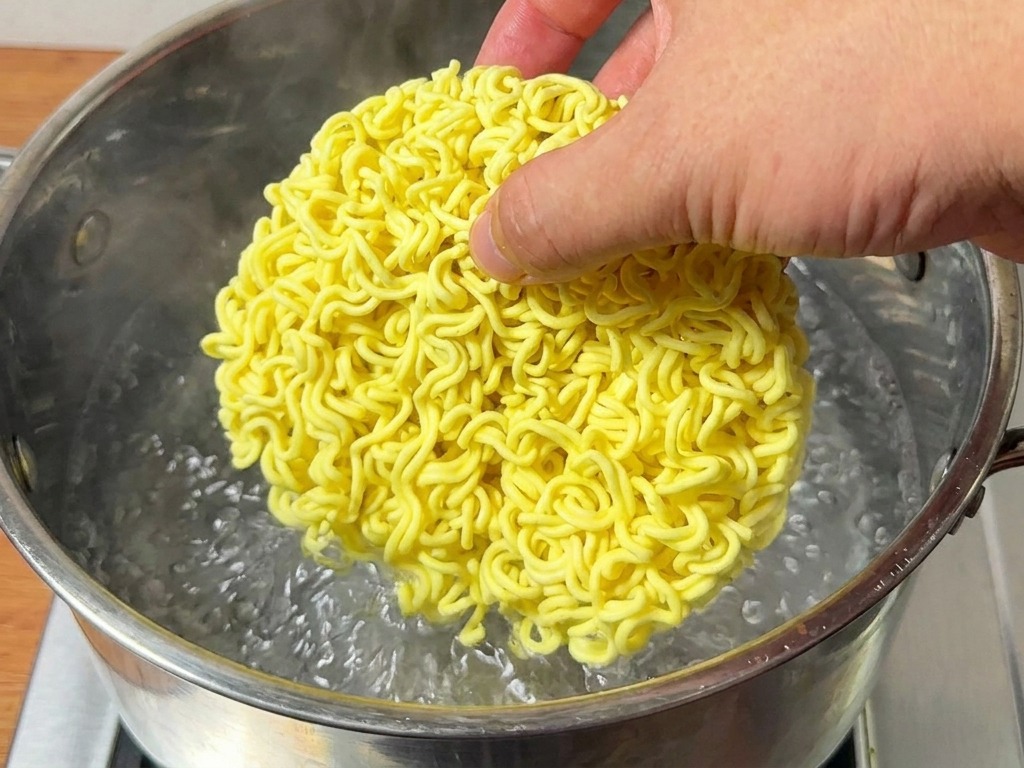 Una mano immerge un panetto di noodles istantanei in una pentola dacqua bollente.