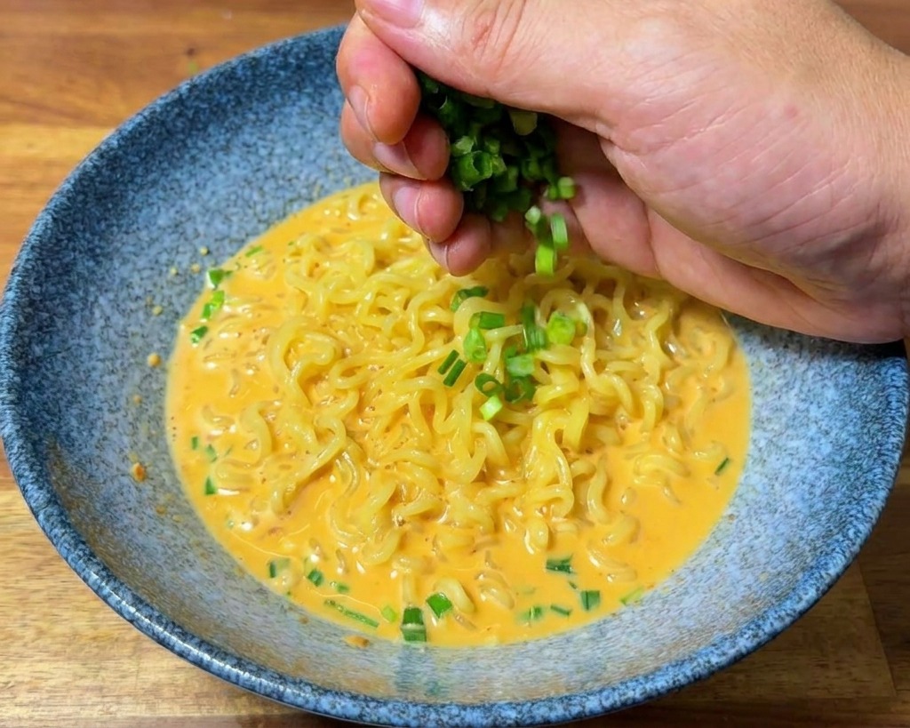Una mano sparge cipollotto tritato fresco su una ciotola di ramen.