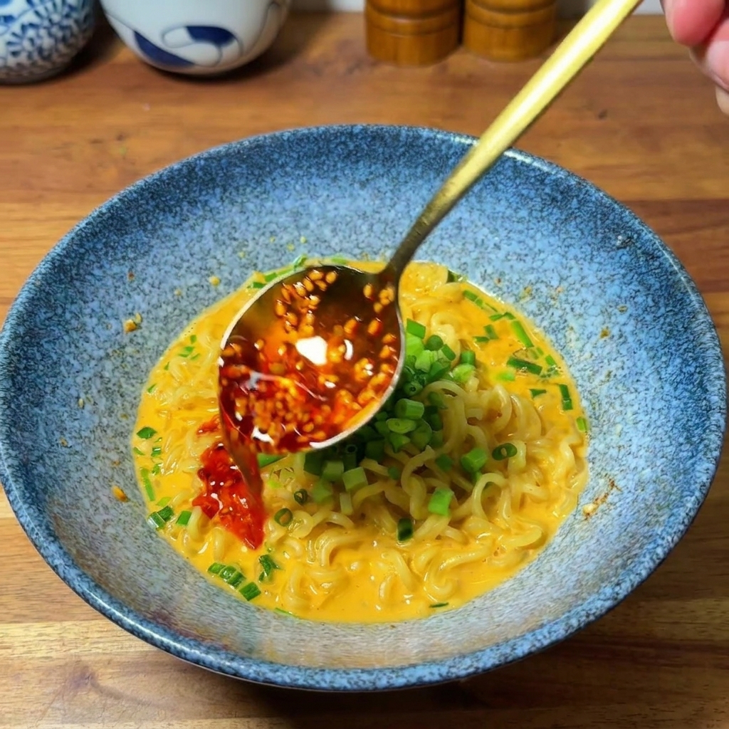 Un cucchiaio versa olio piccante rosso e semi di sesamo su una ciotola di ramen cremoso.