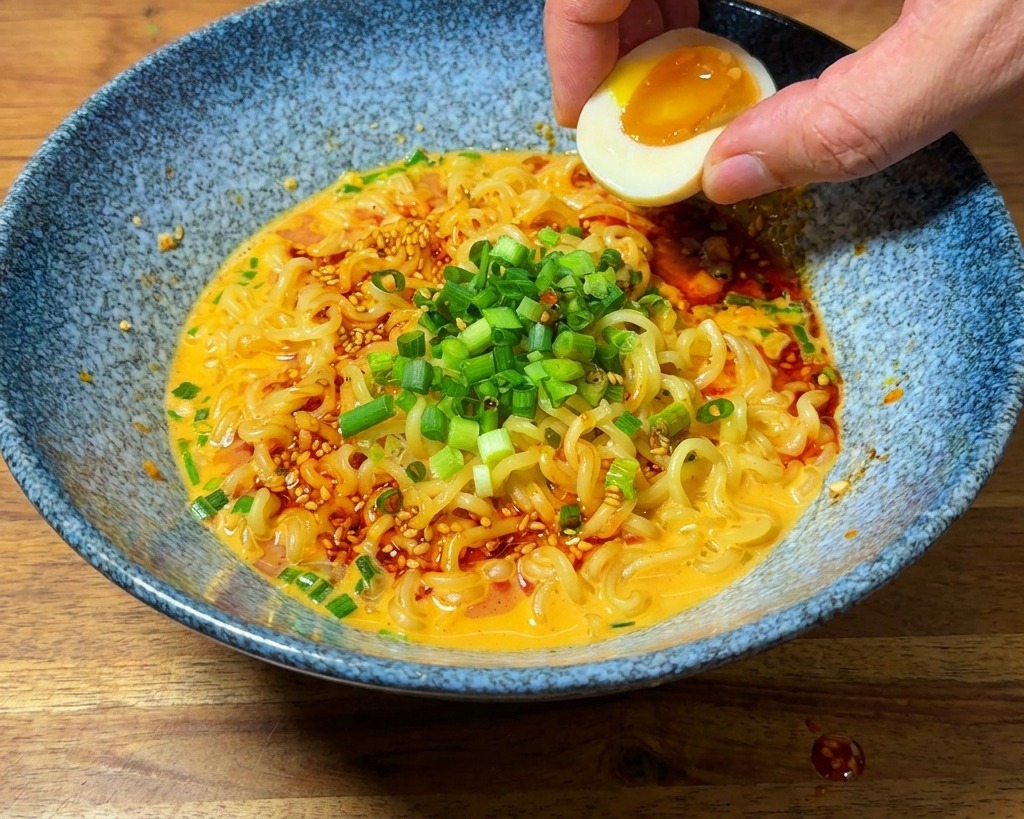 Una mano posiziona metà uovo barzotto con il tuorlo colante su una ciotola di ramen.