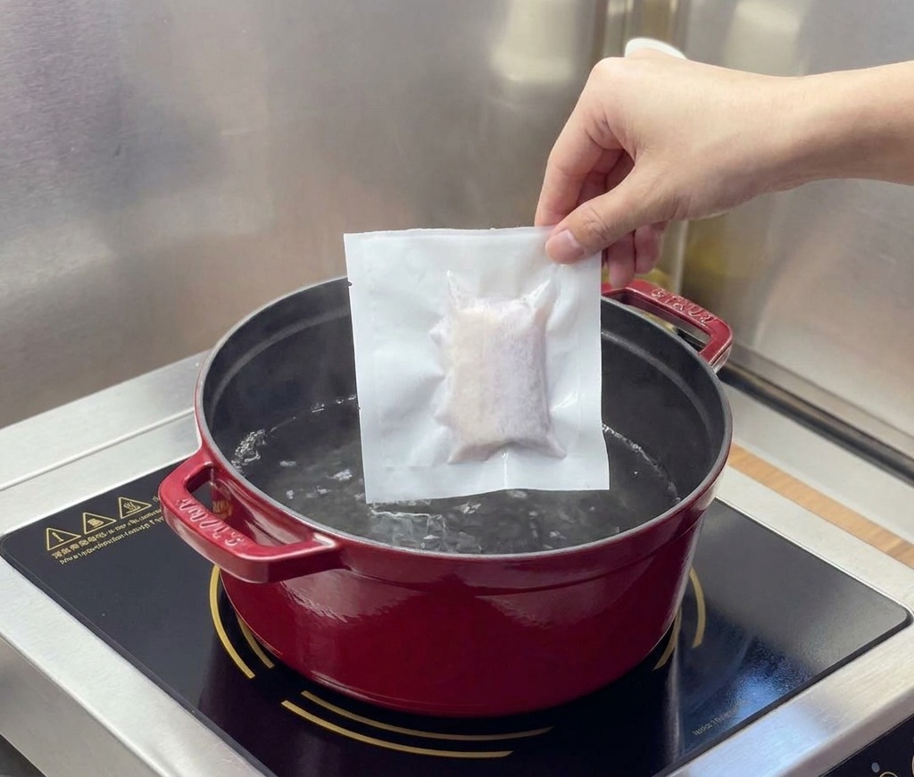 Una mano tiene un pacchetto bianco sottovuoto con dentro la carne sopra una pentola di acqua calda su un piano a induzione.