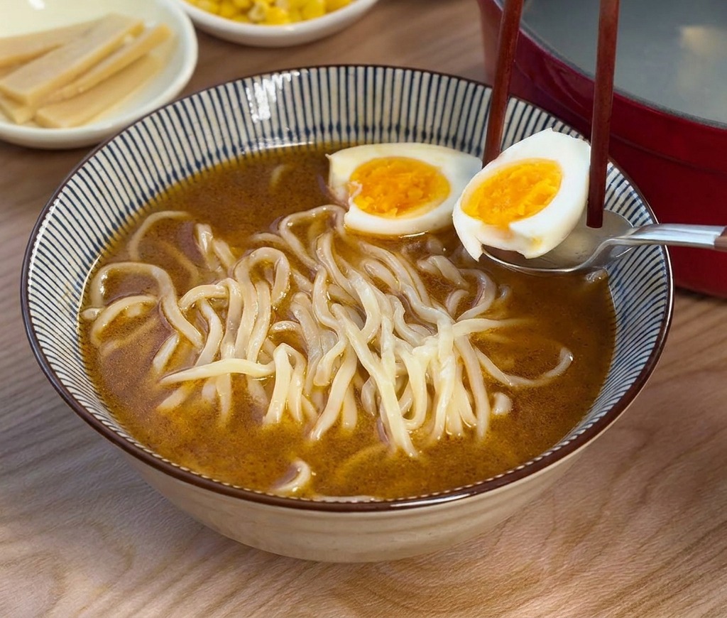 Un cucchiaio e un paio di bacchette posizionano due metà di uovo sodo, con tuorli arancioni e cremosi, sopra i noodle.