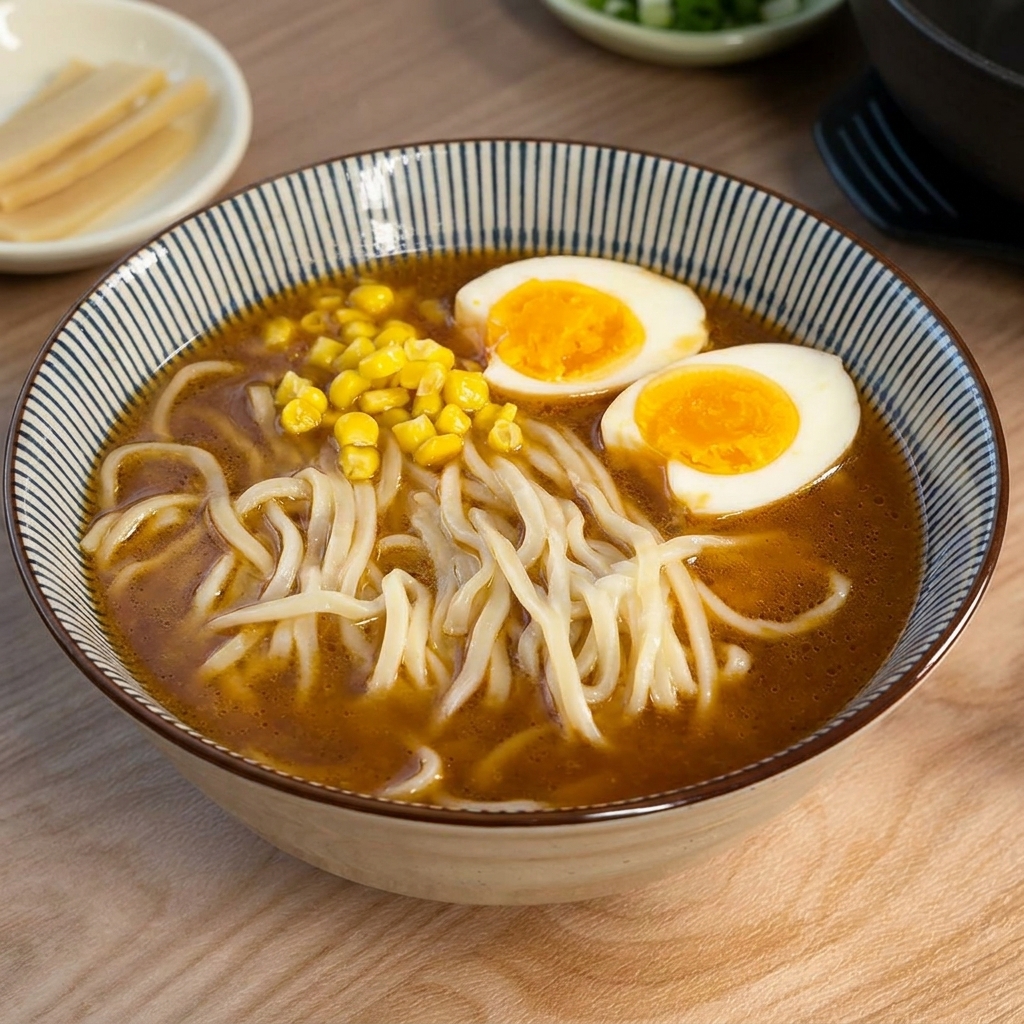 Un gruppetto di chicchi di mais giallo brillante riposa sopra i noodle in una ciotola di brodo, accanto a un uovo.