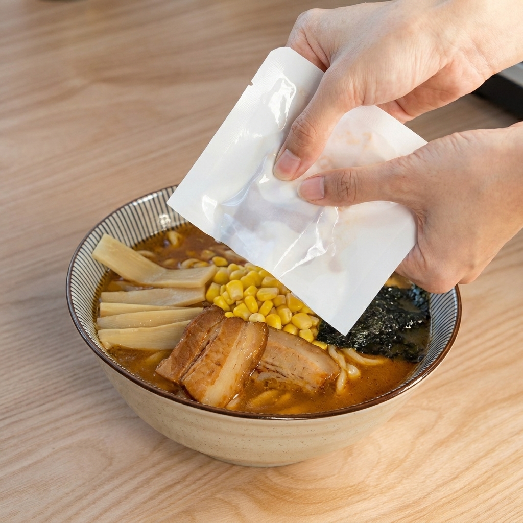 Una mano fa scivolare una spessa fetta di maiale chashu marinato dal suo sacchetto di plastica alla ciotola di ramen.