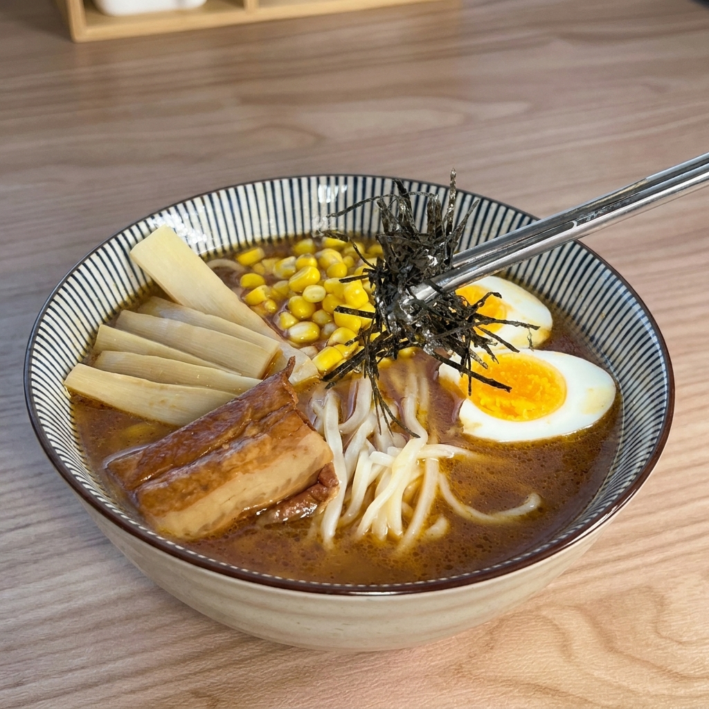 Bacchette di metallo aggiungono un ciuffo di sottili alghe nori scure su una ciotola di ramen quasi completa.