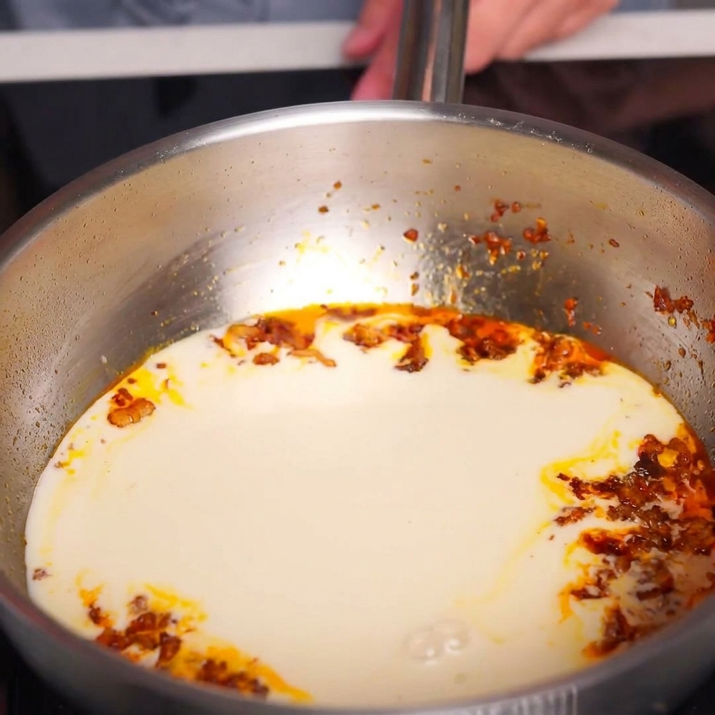 Una padella in acciaio piena di un brodo cremoso color arancio tenue con riflessi dorati in superficie.