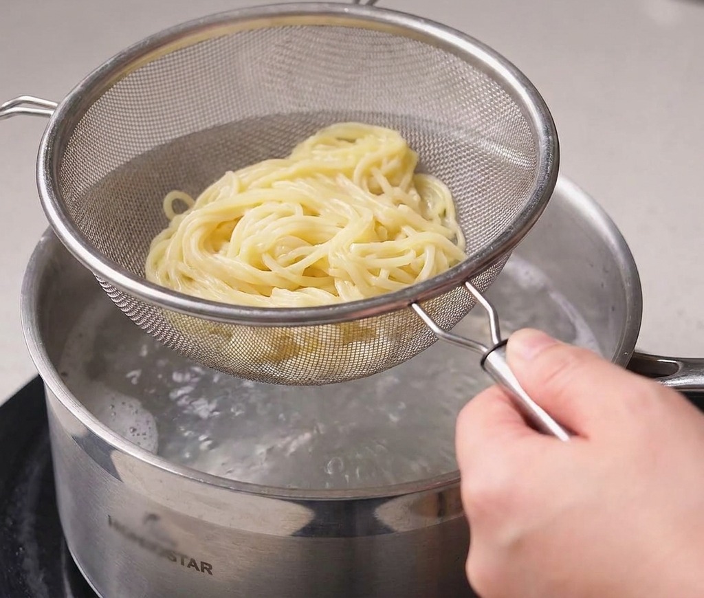 Un colino metallico che solleva una porzione di noodle gialli sopra lacqua bollente fumante.