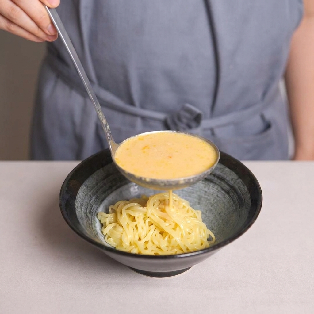 Un mestolo versa un ricco brodo giallo cremoso sopra un letto di noodle in una ciotola scura.