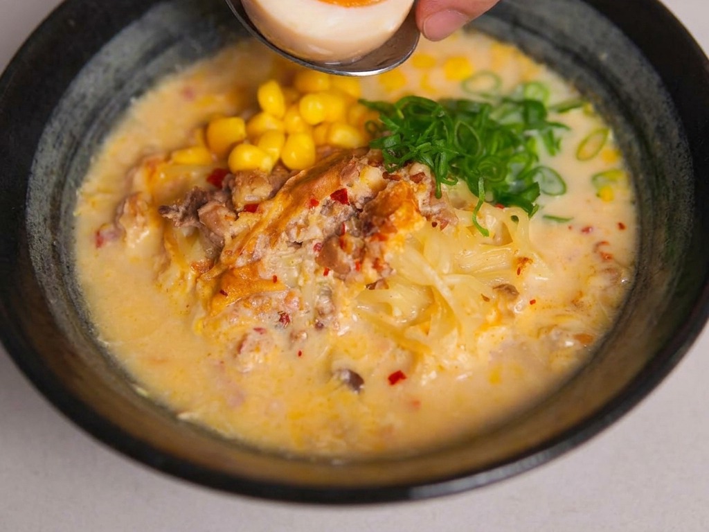 Una mano che posiziona metà uovo bazzotto con il tuorlo arancione fondente in una ciotola di ramen finita.