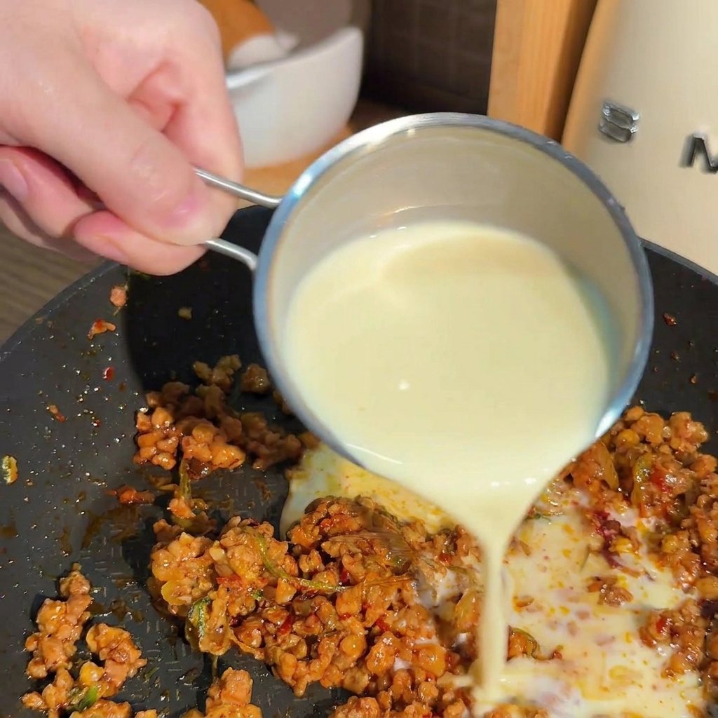 Latte di soia bianco fresco versato da un boccale in acciaio in una padella con carne e salsa rossa.