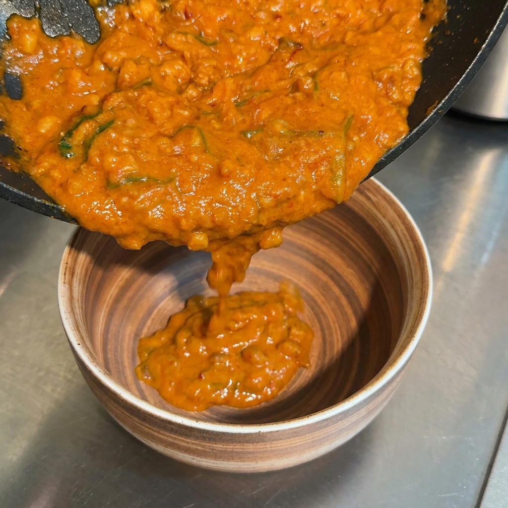 Salsa densa arancione al miso versata da una padella in una ciotola di ceramica decorata.