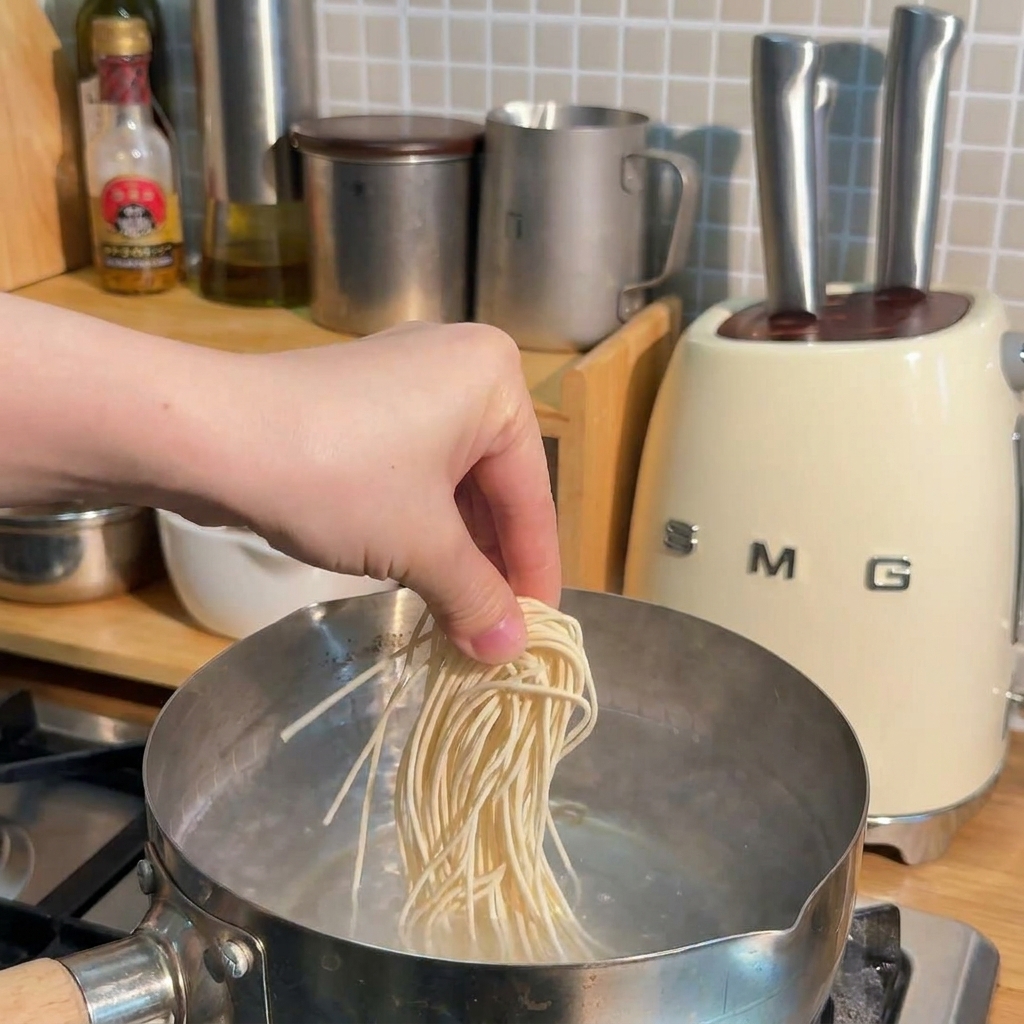 Noodles ramen secchi immersi in una pentola di acciaio con acqua bollente.