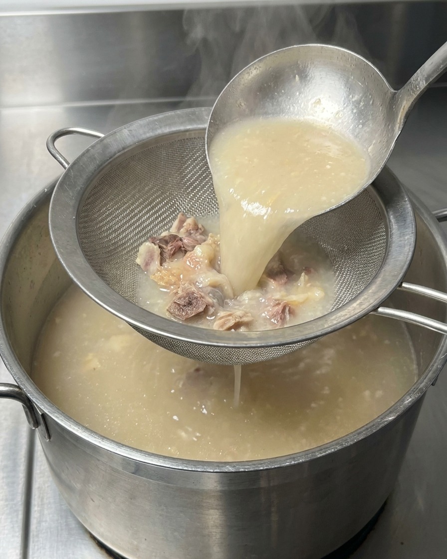 Brodo di maiale bianco latte versato attraverso un setaccio metallico contenente residui di carne in una pentola pulita.